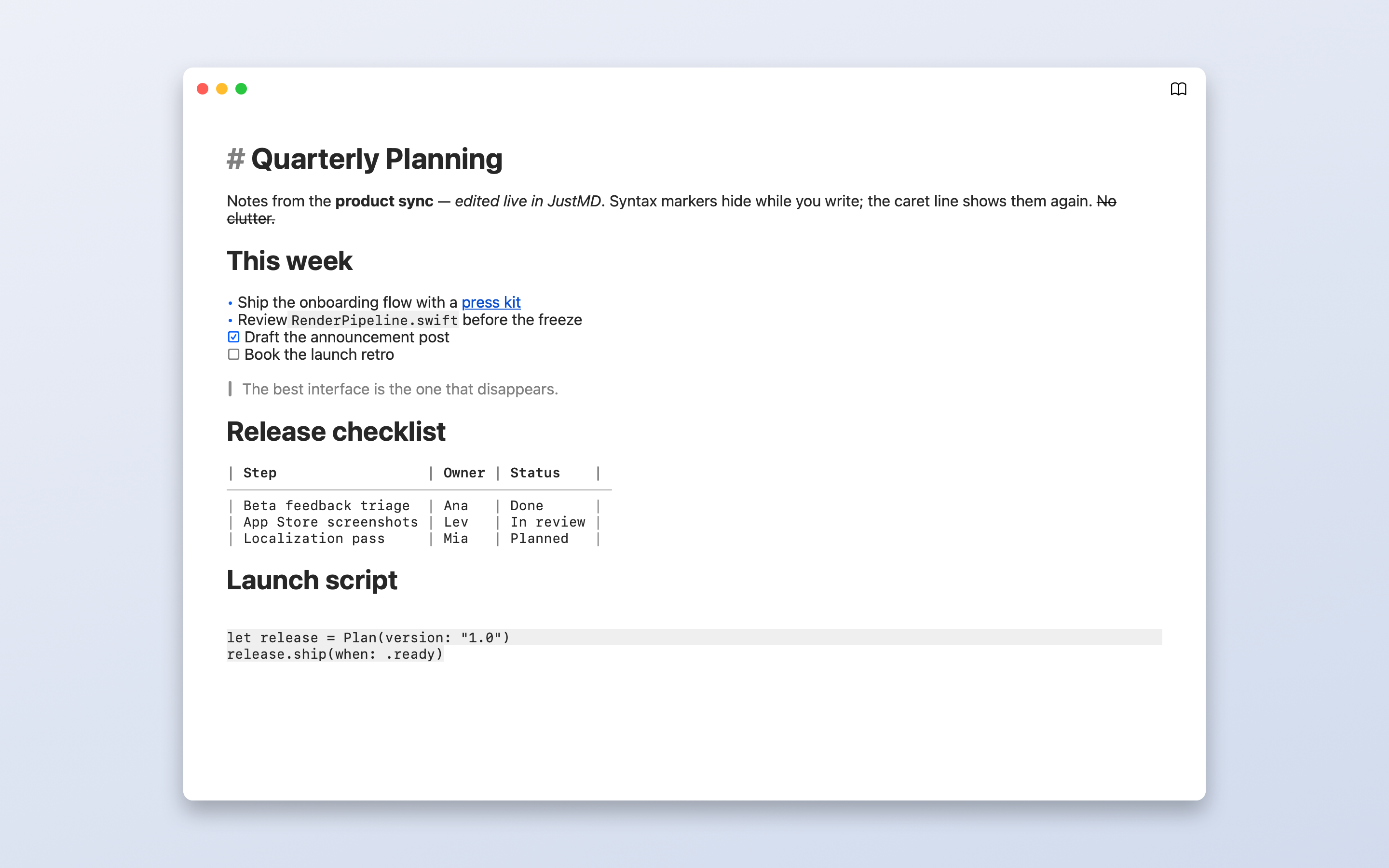 JustMD editing a markdown document: syntax markers hidden, checkboxes and tables rendered inline
