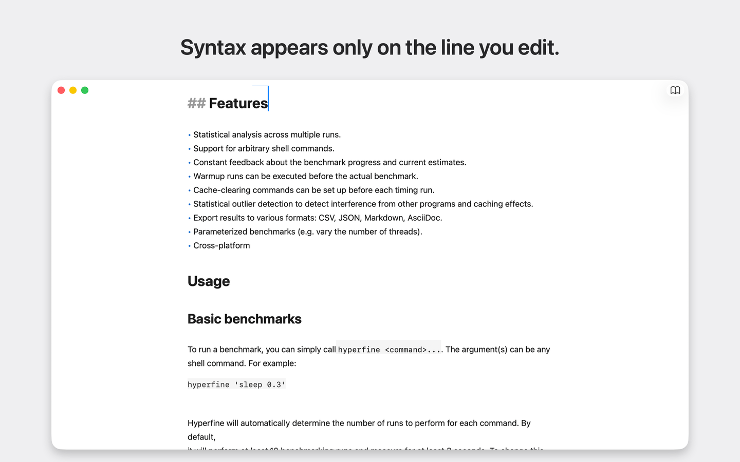 The active Features heading shows its Markdown markers; the list below appears formatted.