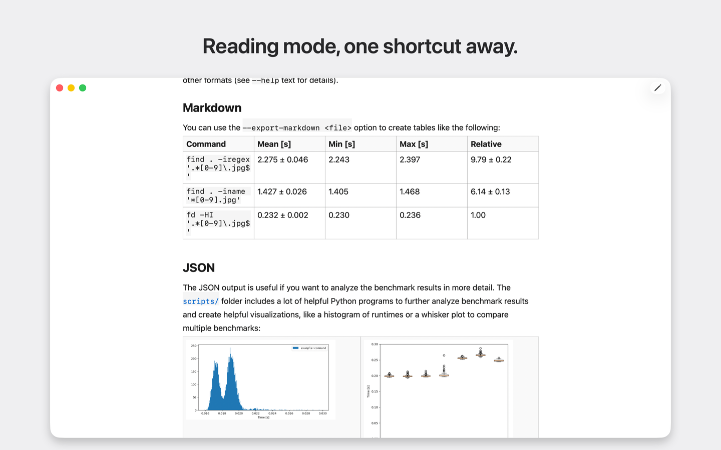 Read mode renders a Markdown table into aligned rows and columns.