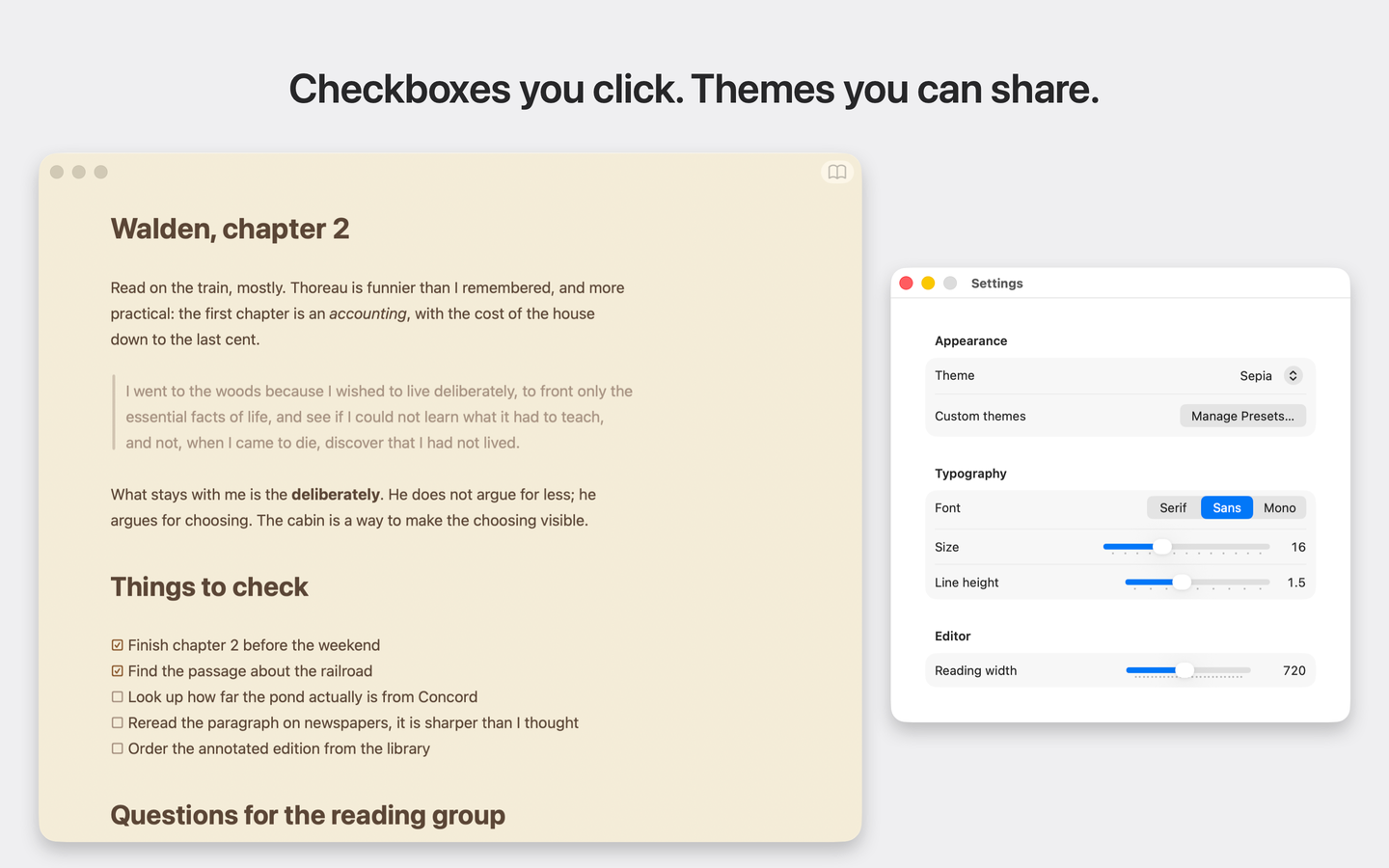 A reading list in the Sepia theme with completed and unfinished tasks.